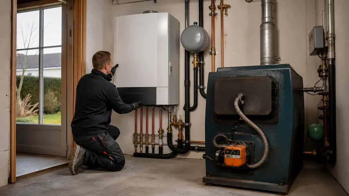Montør der installerer varmepumpe ved et frakoblet oliefyr